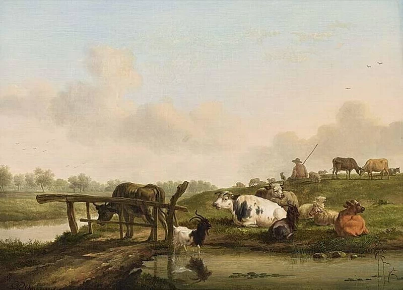 Balthasar Ommeganck - Paesaggio con animali a riposo vicino al fiume